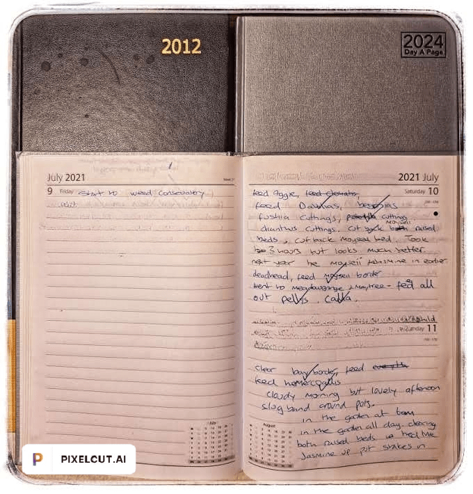 Diaries I have kept from 2012, 2021 and 2024 detailing some of the jobs that I have completed. 