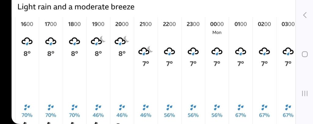 BBC local prevalent weather conditions as I am cutting flowers and foliage, showing constant rain.